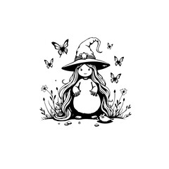 Enchanting Halloween Witch Illustration Featuring Long Hair, Pointed Hat, Surrounded by Butterflies in Magical Meadow