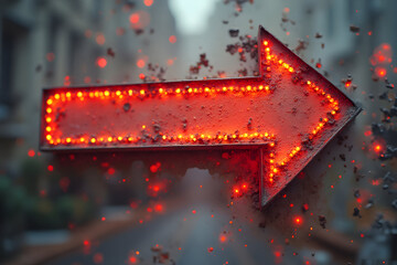 Glowing Red Arrow Sign Pointing Directionally in an Urban Setting