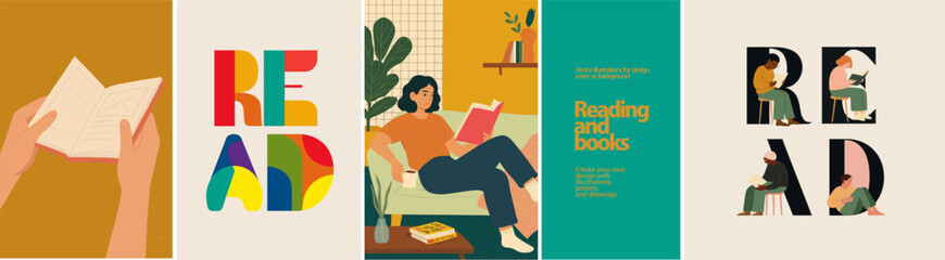 Reading and Books Vector Set. Relaxation, Knowledge & Cozy Moments. Vector illustrations of people reading books in calm, cozy settings. Perfect for themes like education, literature, learning

