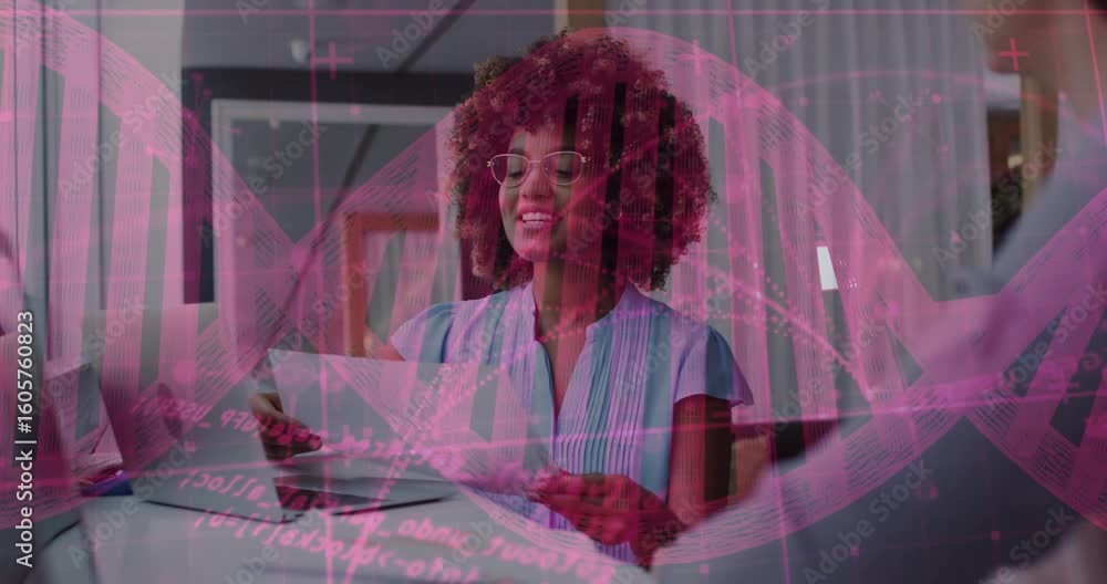 Poster biotech data analyst reading report and sparking pink dna helix overlay pulsing while sharing chart