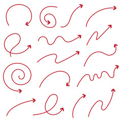 Doodle arrows. Hand drawn line pointers, pencil sketch elements, round curly wavy direction arrows. Vector linear black arrow set