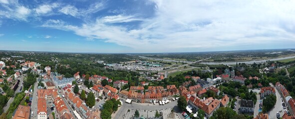 Stunning Aerial View of Sandomierz Historic Old Town Riverfront, Ideal for Travel and History Projects Evoking a Timeless Atmosphere.