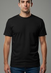 Man in Blank Black T-Shirt for Mockup. Tshirt with copy space for custom design, logo, branding, or text for apparel brand, print-on-demand businesses, and clothing mockup