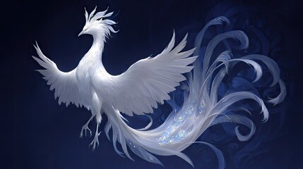 Obraz premium Mythical white bird in flight against a dark background.