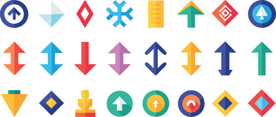 Collection of twenty flat design arrow icons in various colors and shapes direction