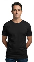Obraz premium Man in Blank Black T-Shirt isolated on white background Mockup. Tshirt with copy space for custom design, logo, branding, or text for apparel brand, print-on-demand business