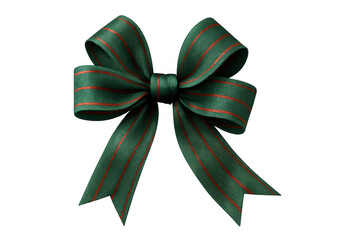 Green decorative ribbon featuring thin red stripes, knotted in elegant bow, displayed against transparent background