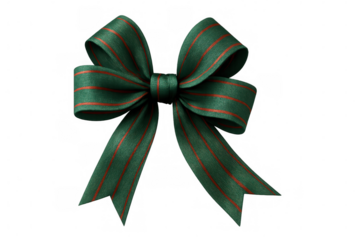 Green decorative ribbon featuring thin red stripes, knotted in elegant bow, displayed against transparent background