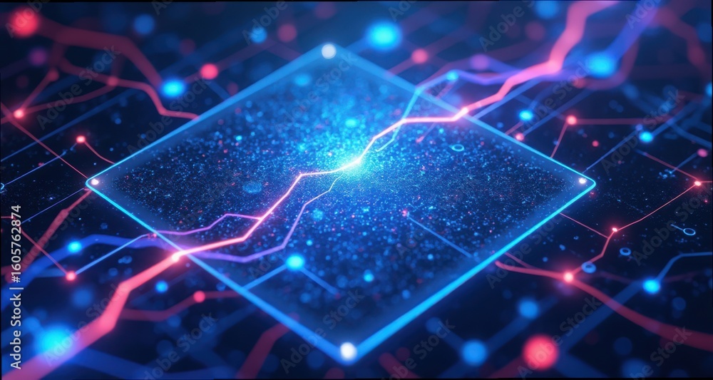 Poster abstract neural network pattern on glass surface with colorful lights