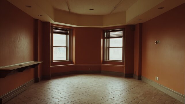 Empty room with orange walls and tiled floor.