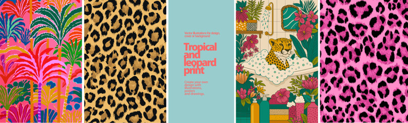Tropical & Leopard Print Vector Set. Exotic Jungle and Bold Fashion Pattern. Vector set with tropical foliage, wild leopard patterns, and vibrant jungle scenes. Perfect for fashion, textile, wallpap

