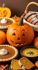 Autumnal display of pumpkin pies, bread, and soup.