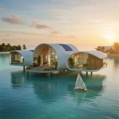 Ultra-realistic aerial of a futuristic modular village floating on turquoise water. Features solar-skin rooftops, vertical gardens and transparent kayaks. Perfect for sustainability, travel and green-