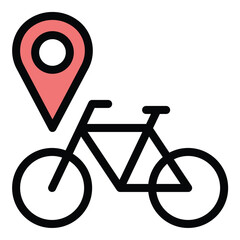 Bike Location icon flat line style illustration representing the GPS or map position of a bicycle, ideal for bike-sharing apps, navigation tools, and transportation services.