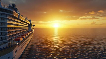 Luxury cruise ship sailing on the sea at sunset with golden reflection, ocean adventure for vacation - Powered by Adobe