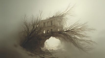 Torn-down wall obscured by fog vortex