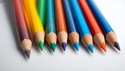 Fototapeta premium Vibrant row of sharpened colored pencils creates a spectrum of vivid hues on clean surface.