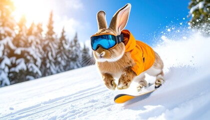 Energetic rabbit snowboarder gliding through pristine snow-covered mountain landscape