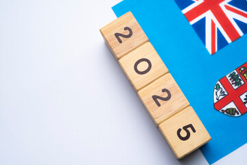 2025, Fiji flag with date block, Concept, Important events for Fiji the new year, election,...