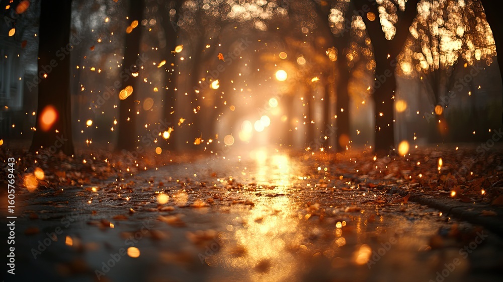 Poster enchanting autumn scene with golden bokeh lights illuminating a leaf-strewn path