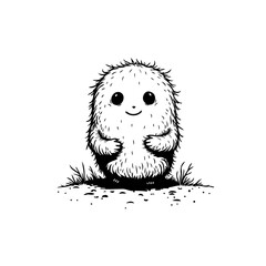 Adorable fluffy creature on the ground: A charming, whimsical illustration showcasing a cute character with a friendly smile, surrounded by grass