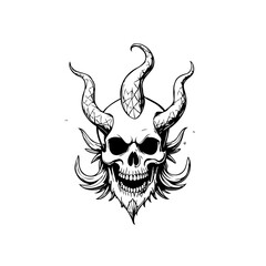 Illustrative skull with devilish horns evoking dark themes and captivating artistic creativity expression, perfect for edgy designs