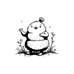 Whimsical black and white cartoon character illustration with playful pose evoking childlike wonder and joy in a nature scene