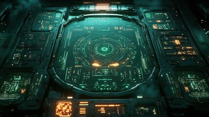 Futuristic control panel interface with glowing circuits and intricate details