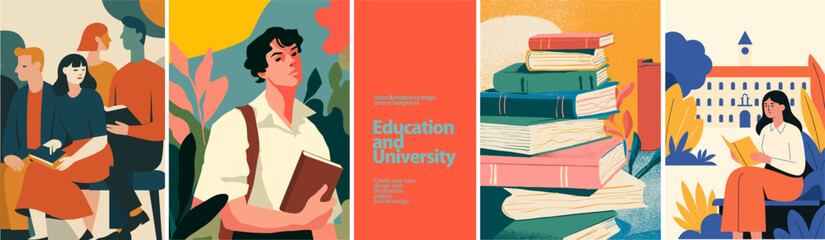 University Education Vector Set. Students, Books & Campus Atmosphere. Vector illustrations of students, books, and campus life in an educational setting. Ideal for academic posters, learning

