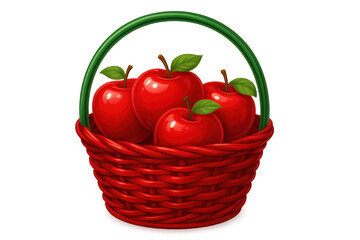 Glossy red apples nestling inside woven red basket, green handle visible, positioned against clean white backdrop