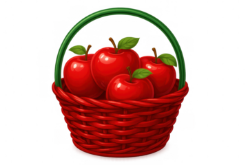 Glossy red apples nestling inside woven red basket, green handle visible, positioned against clean white backdrop