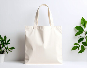 Beige canvas tote bag mockup with green plant leaves for sustainable branding.