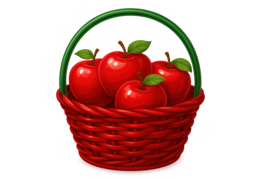 Glossy red apples nestling inside woven red basket, green handle visible, positioned against clean white backdrop - Powered by Adobe