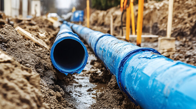 A plumber works diligently to install and glue plastic PVC pipes for a water line project.