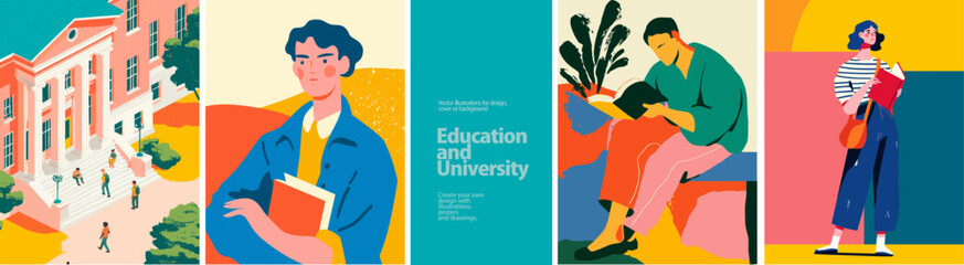 Modern University Life Vector Set. Students, Study & Campus Scenes. Vector illustrations of stylish students reading and walking through colorful campus environments. Great for academic themes

