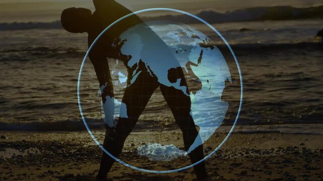 Upon globe appearing man performing fitness side-bend stretch while rotating globe syncing movement