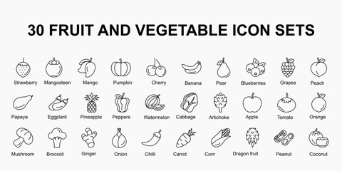 30 line fruit and vegetable icon sets