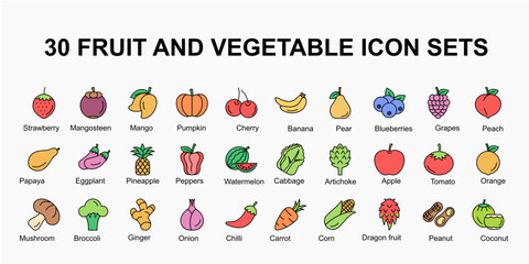 30 colorful fruit and vegetable icon sets