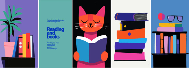 Colorful Reading & Book Vector Set. Fun, Learning & Modern Decor. Bright vector illustrations of books, bookshelves, glasses, and a reading cat. Great for children's books, libraries, creative decor

