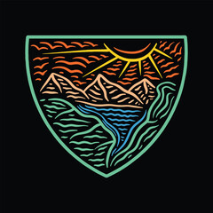 Mountain Wildlife Colorful Monoline Emblem Vintage Design Outdoor Vector