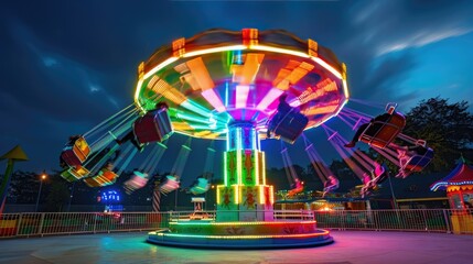 Carnival swing ride spinning rapidly, rainbow neon lights glowing in night sky