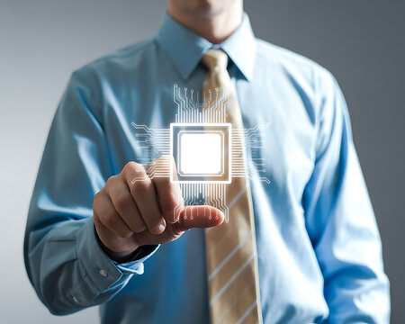 Professional businessman activates digital chip technology interface with modern touch screen control now showing innovation