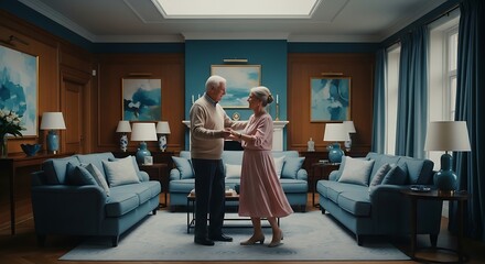 Elderly couple dancing in a spacious living room.