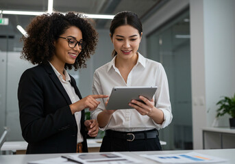 Diverse Professional Business Women Collaborating with Digital Tablet in Office – Candid Teamwork and Partnership
