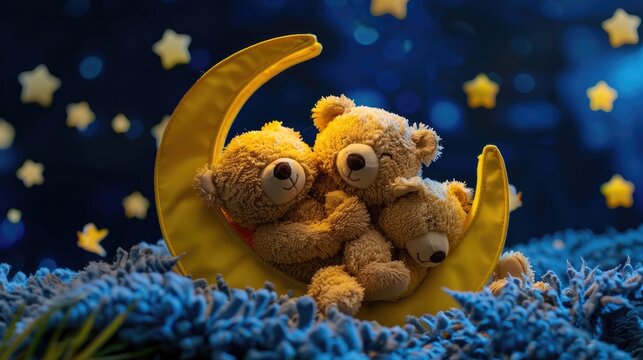Crescent moon cradle holds three soft teddy bears asleep under a gentle night glow