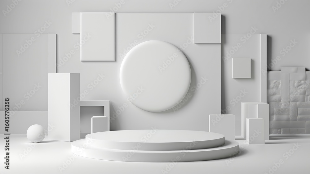 Poster abstract white circle stands out on geometric platform in minimalist product display