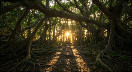 Pandanus Tree Forest with Sunbeams on Gili Nanggu Island Indonesia