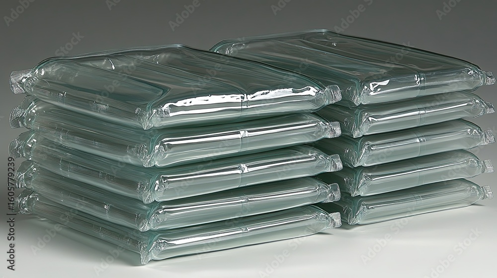 Poster stacks of transparent glass bricks: modern building material and architectural elements