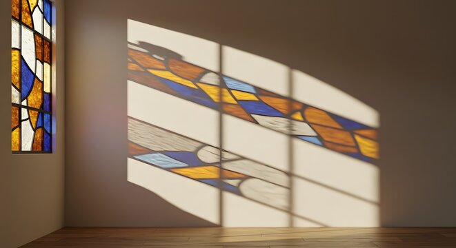 Light from stained glass window casting colorful shadows on a plain wall in an empty room space today