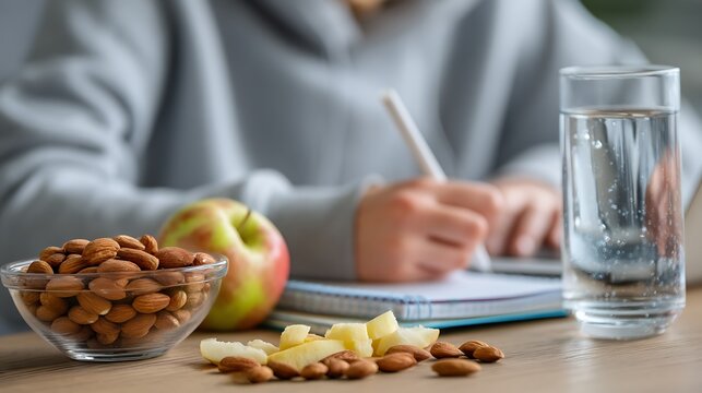 Healthy study break with almonds, apple slices, and water for student in cozy setting writing notes